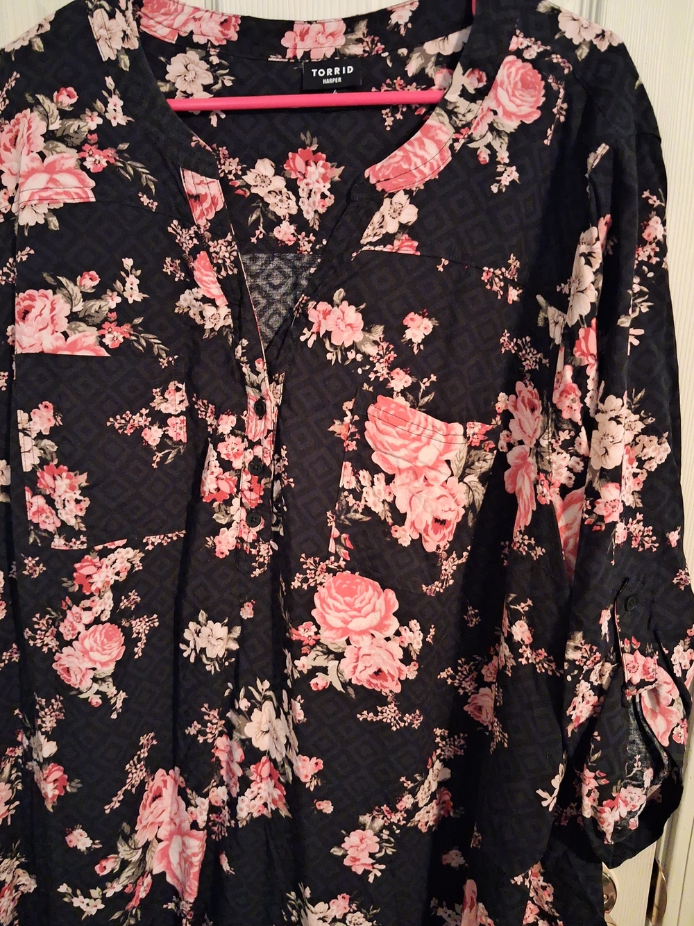 torrid Black Floral Tunic with Pink Rose Print